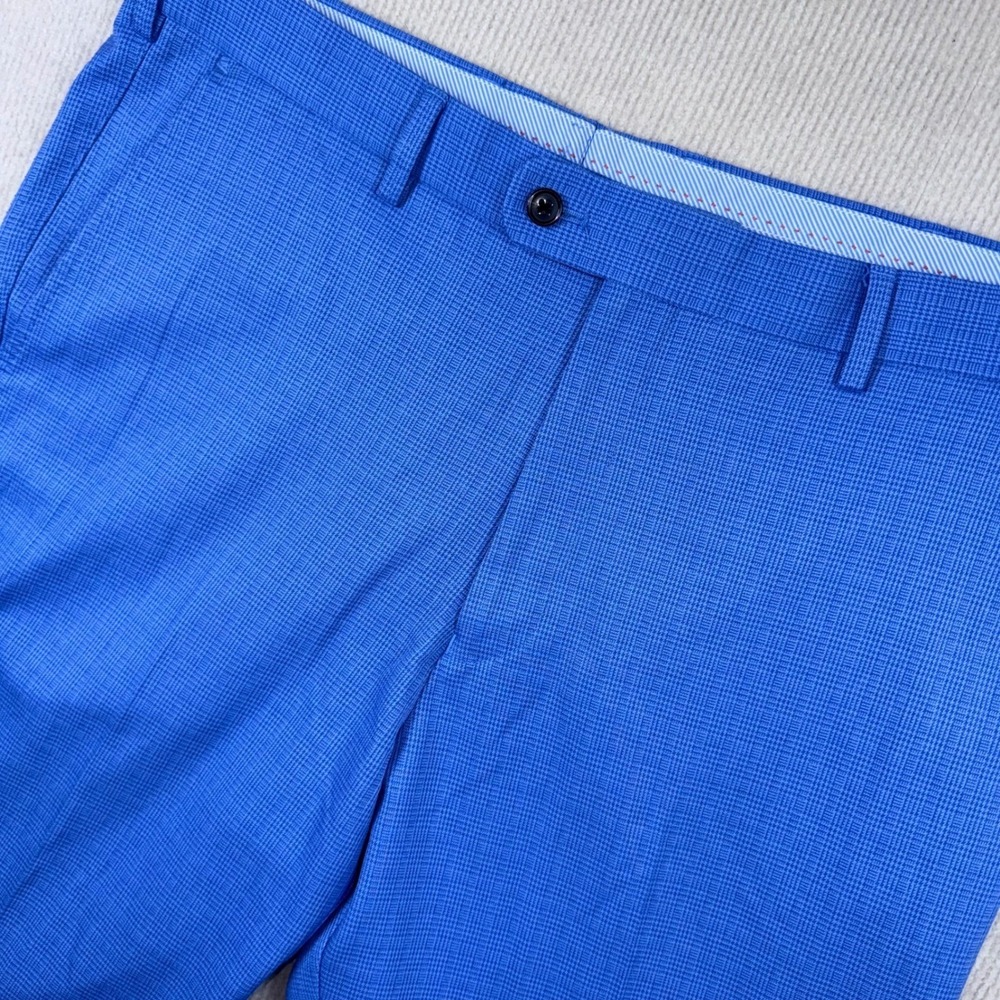 Unbranded Dress Pants Men 38x27 Blue Micro-Check Flat Front Trousers Slacks